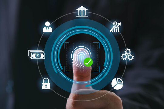 Fingerprint scan biometric technology for secure financial transactions, identity verification, banking authentication, data protection, and modern cybersecurity innovation for digital business.