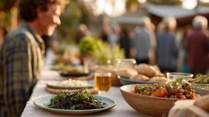 Outdoor communal dining with fresh salads and plant based meals for healthy social eating