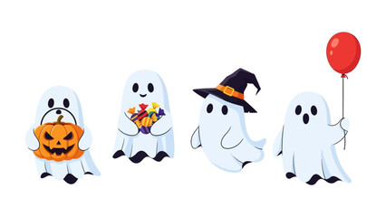 Spooky Specters: A collection of playful ghost characters, each adorned with festive Halloween props, exudes a cheerful yet eerie charm, creating a unique depiction of ghostly delight.