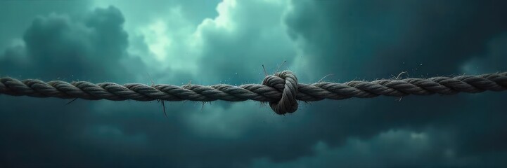 Close-up of a tightly stretched rope against a blurred, ominous sky, conveying a sense of impending danger or unresolved conflict , hardship, stress