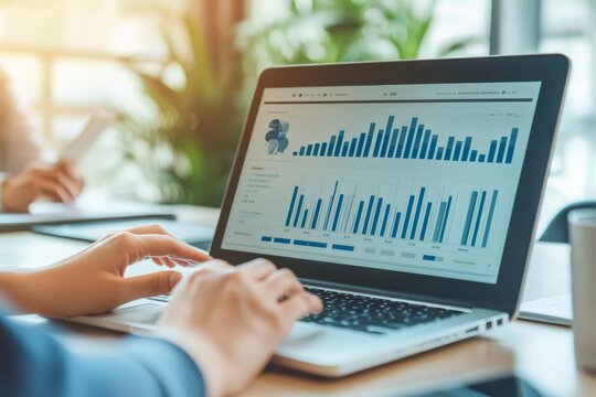Person typing on a laptop, examining charts and graphs on the screen. Analyzing financial statistics and company reports