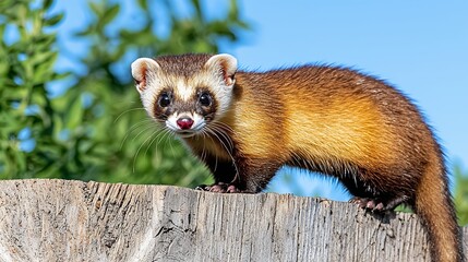 Fototapeta premium Brown and Tan Weasel on Weathered Wood Outdoors