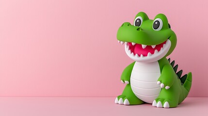 Fototapeta premium Cheerful Green Crocodile Figurine on Pink Background