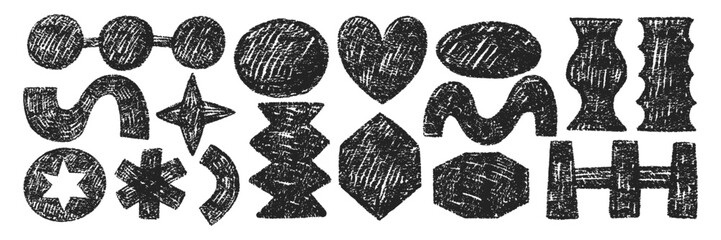 Set of geometric shapes with circle, heart, rhomb, oval and star with crayon, pastel or chalk texture. Grunge vector illustration.