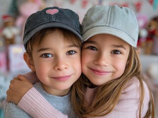 a happy boy and girl hugging, wearing a pastel pink hat, a grey sweater with white polka dots, and blue jeans, smiling at the camera