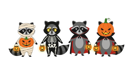 Raccoon Halloween Parade: A delightful gathering of charming raccoons in creative Halloween costumes, each proudly holding a glowing lantern, embodies the essence of seasonal joy and festivities.