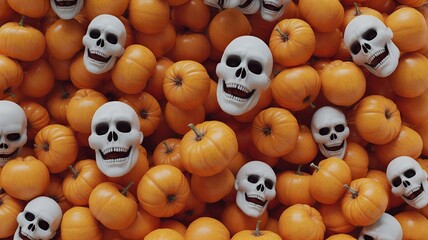 Obraz premium Halloween Scene with Pumpkins and Skulls Keywords: halloween, pumpkin, skull, spooky, scary.