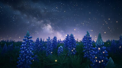 A wild lupine meadow under a starry night sky with fireflies glowing