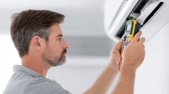 Focused professional technician man at work doing air conditioner repair and maintenance. skilled electrician performs HVAC service and diagnostics with tool