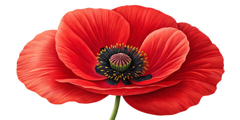 Realistic Digital Illustration of a Red Poppy Flower Isolated on Transparent Background
Detailed Botanical Artwork of a Single Red Poppy Bloom with Green Seed Pod and Stamens