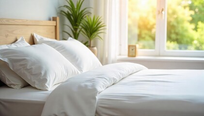 Sunlit White Bedding Crisp Linens and Airy Ambiance in a Luxurious Bedroom Setting, Perfect for Relaxation and Cleanliness