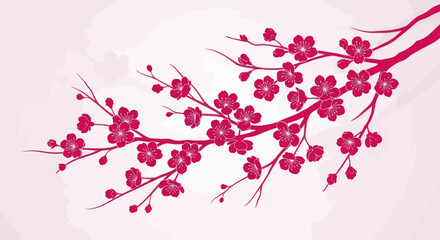 Cherry blossom branch art. Pink blossoms with outlined details on light pink backdrop, branches extend across © gudangPIXEL