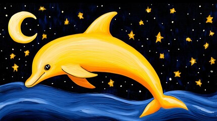 Golden Dolphin Leaping Under a Crescent Moon and Stars