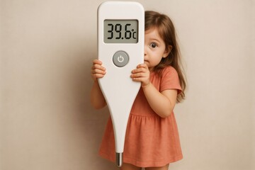 Little girl holding a large thermometer displaying a high fever of 39.6 degrees Celsius, reflecting her struggle with illness
