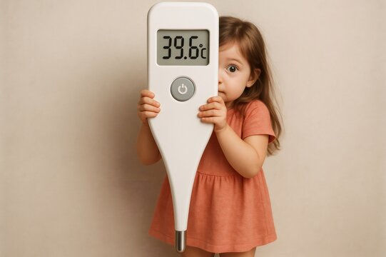 Little girl holding a large thermometer displaying a high fever of 39.6 degrees Celsius, reflecting her struggle with illness