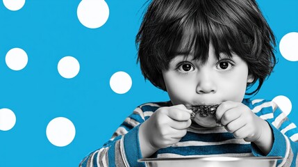 A black-and-white image of a boy eating, against a bright blue background with white polka dots, capturing a moment of playful enjoyment.