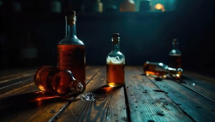 Empty liquor bottles scattered on a dimly lit wooden floor, signifying the aftermath of excessive drinking and the struggle with alcohol addiction , waste, shadow, health