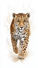 Majestic Jaguar Walking Forward on White Background