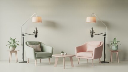 Professional Nordic-style podcast studio setup with two armchairs, microphones, floor lamps, and a small table.