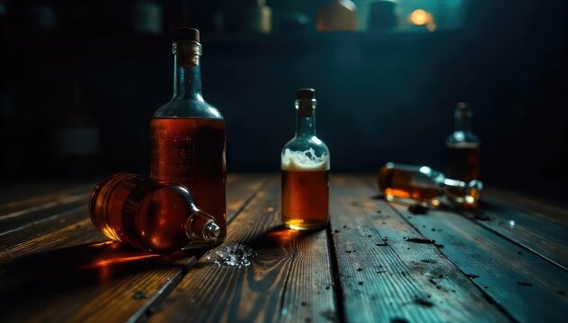 Empty liquor bottles scattered on a dimly lit wooden floor, signifying the aftermath of excessive drinking and the struggle with alcohol addiction , waste, shadow, health