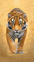 Majestic Tiger Walking Towards Camera on Sandy Gold Background