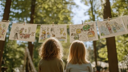 Two children admire colorful drawings hanging in a forest setting, surrounded by trees and natural light, showcasing creativity and playfulness.