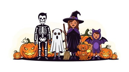 Halloween Family Costume Fun: A whimsical illustration depicts a family dressed in creative Halloween costumes – skeleton, ghost, witch, bat, and a dog alongside jack-o'-lanterns and spooky pumpkins.