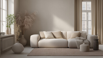 scandinavian. Minimalist Scandinavian interior with clean lines and neutral tones and natural ambient light. lifestyle magazines.