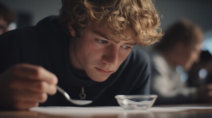 A focused teenager examines a small dish with a spoon, immersed in a thoughtful moment surrounded by blurred figures in the background.