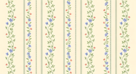 Floral Pattern Vintage Wallpaper Botanical Print Blue Coral Flowers Seamless Background Vertical