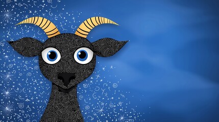 Pixel Art Black Goat with Blue Eyes in a Snowy Deep Blue Scene