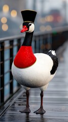 Pixel Art Goose in Red Bib and Black Hat on Wet Deck