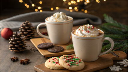 Cozy winter evening with warm whipped cream topped hot chocolate and festive decorated cookies, perfect for holiday comfort and joy.