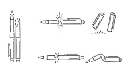 Broken Pen: An illustration of a shattered fountain pen, symbolizing the end of a writing journey and the disruption of a creative endeavor.