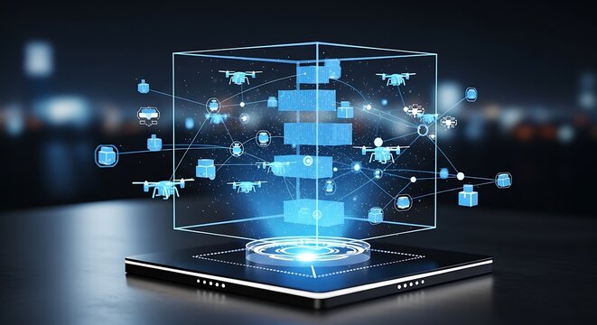 Holographic interface on a mobile device managing a network of autonomous delivery drones