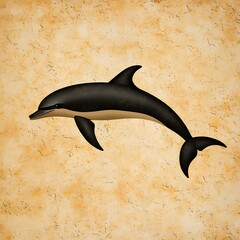 Pixelated Dolphin Swimming Solitary Against Textured Tan Background in Minimalist Marine Life