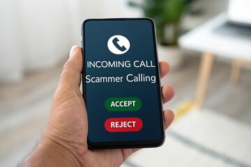 Smartphone screen displaying 'INCOMING CALL' and 'Scammer Calling' holds by a male hand. Scam caller and fraud concept