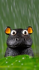 Playful Black Hippo Figurine in Rain Shower