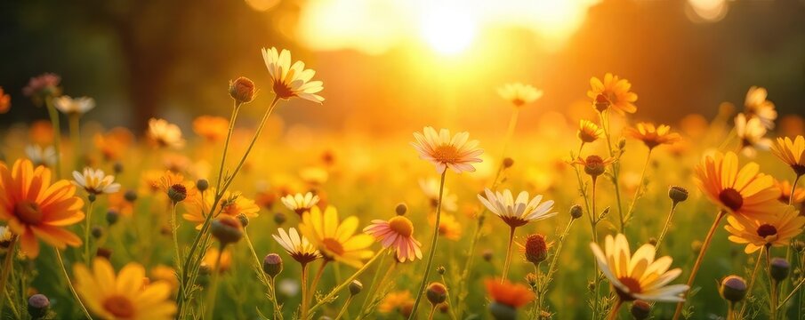 Golden hour sunlight illuminates a vibrant, sun-drenched field of wildflowers swaying gently in a warm breeze, evoking a feeling of pure, untainted joy and serenity , contentment, petals