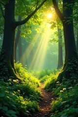Obraz premium Golden sunlight streams through the leaves of a lush green forest, dappling the forest floor A magical, peaceful scene perfect for nature lovers and fantasy settings , ecology, undergrowth