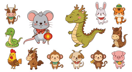 Fototapeta premium Adorable cartoon depiction of the twelve chinese zodiac animals for festive themed designs