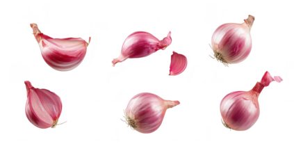 A collection of red onions displayed in various stages of peeling against a clean. white background. ideal for culinary use or food-related projects
