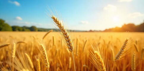 Golden wheat field swaying gently in the summer breeze, sunlit stalks stretching towards a clear blue sky A picturesque scene of agricultural abundance , ripe, sun