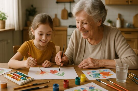 Happy grandmother and granddaughter painting colorful flowers with watercolors and brushes, enjoying their time together at home - Powered by Adobe