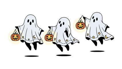 Spooky Halloween Trio: Three whimsical ghosts, each clutching a glowing pumpkin basket, hover against the backdrop of a festive celebration. A classic Halloween illustration