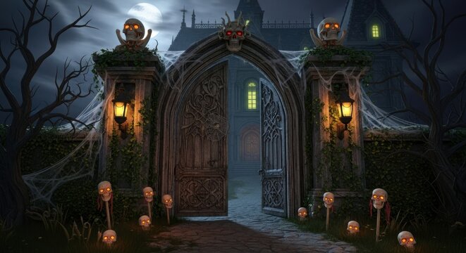 Spooky haunted house entrance with skulls and moonlight for halloween night