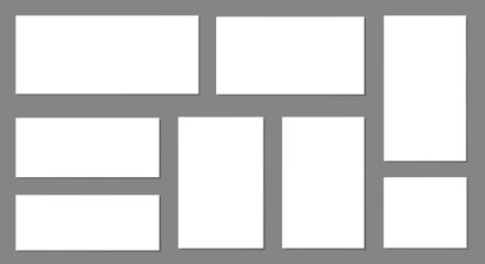 Blank white paper sheets of various sizes arranged on a neutral gray background surface