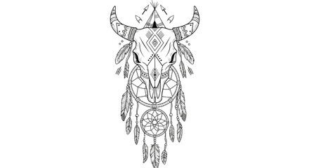Obraz premium Boho illustration featuring decorated bull skull, teepee and dreamcatcher tattoo design