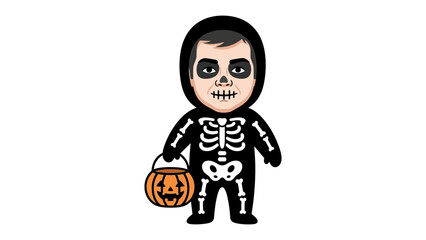 Spooky Celebration: A cartoonish character dressed in a Halloween skeleton costume, carrying a Jack o' Lantern, captures the spirit of the holiday.
