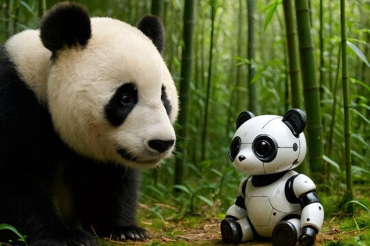 Giant panda cub looking at a panda shaped robot in a bamboo forest, exploring themes of nature and technology